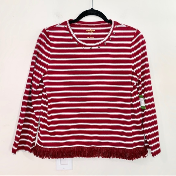 NWT Kate Spade Red White Stripe Fringe Knit Top - Picture 2 of 14